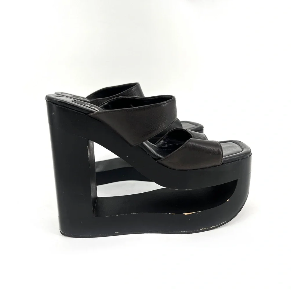 Jante Black Platform Wedge Sandals Cutout Heel Vintage Size 8.5